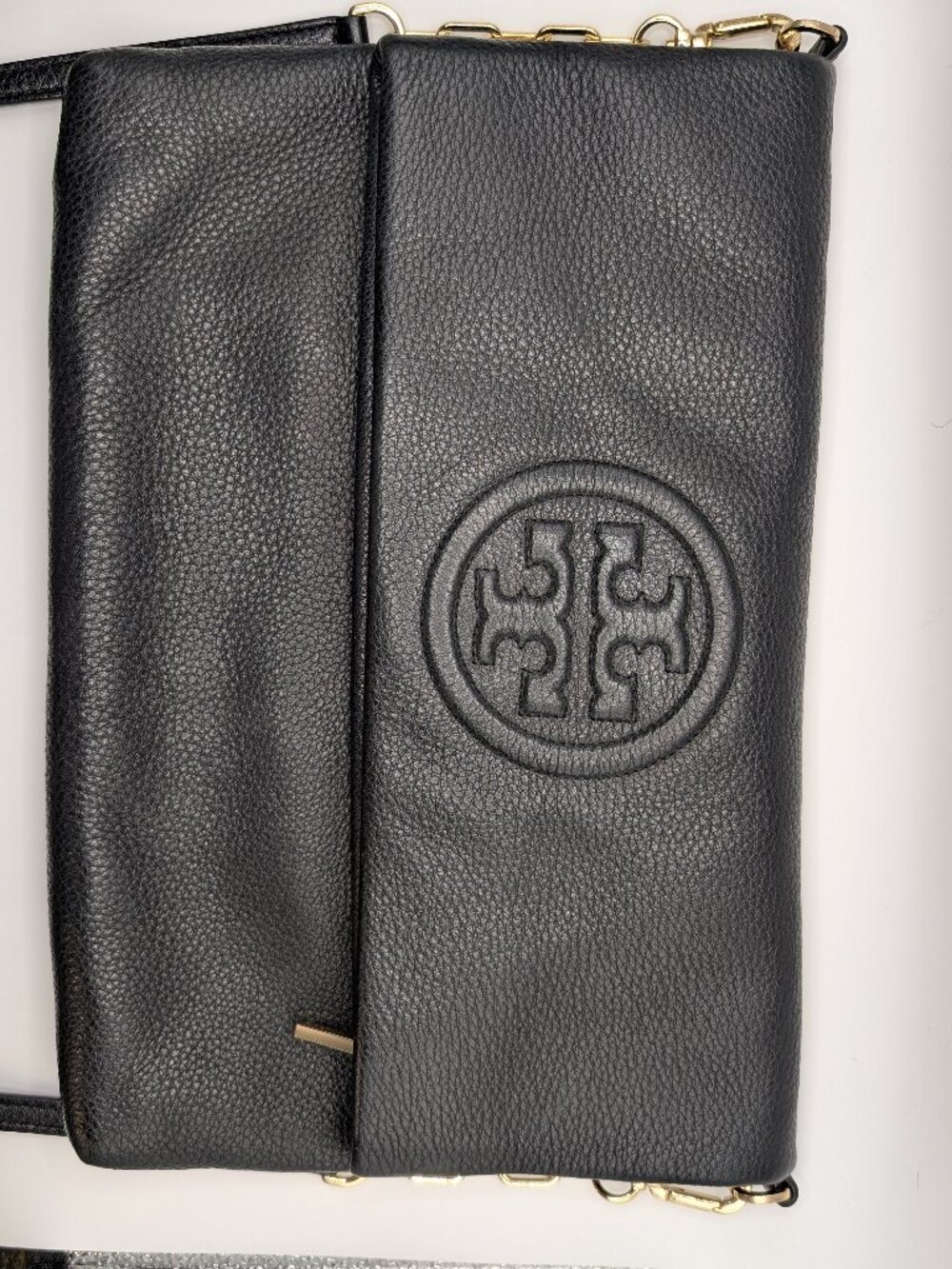 Tory Burch Thea Fold-Over Messenger Bag | Black Pebbled Leather | Gold Hardware